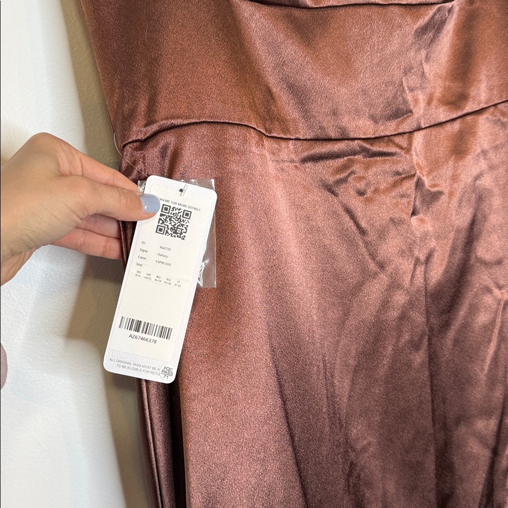 NWT Azazie Halsey Espresso A-Line Side Slit Metallic Satin Dress size 14 - Picture 4 of 12